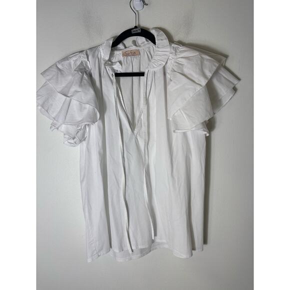 Sofia Made in Italy White V-Neck Flutter Sleeve Cotton Top Sz S - Picture 1 of 2